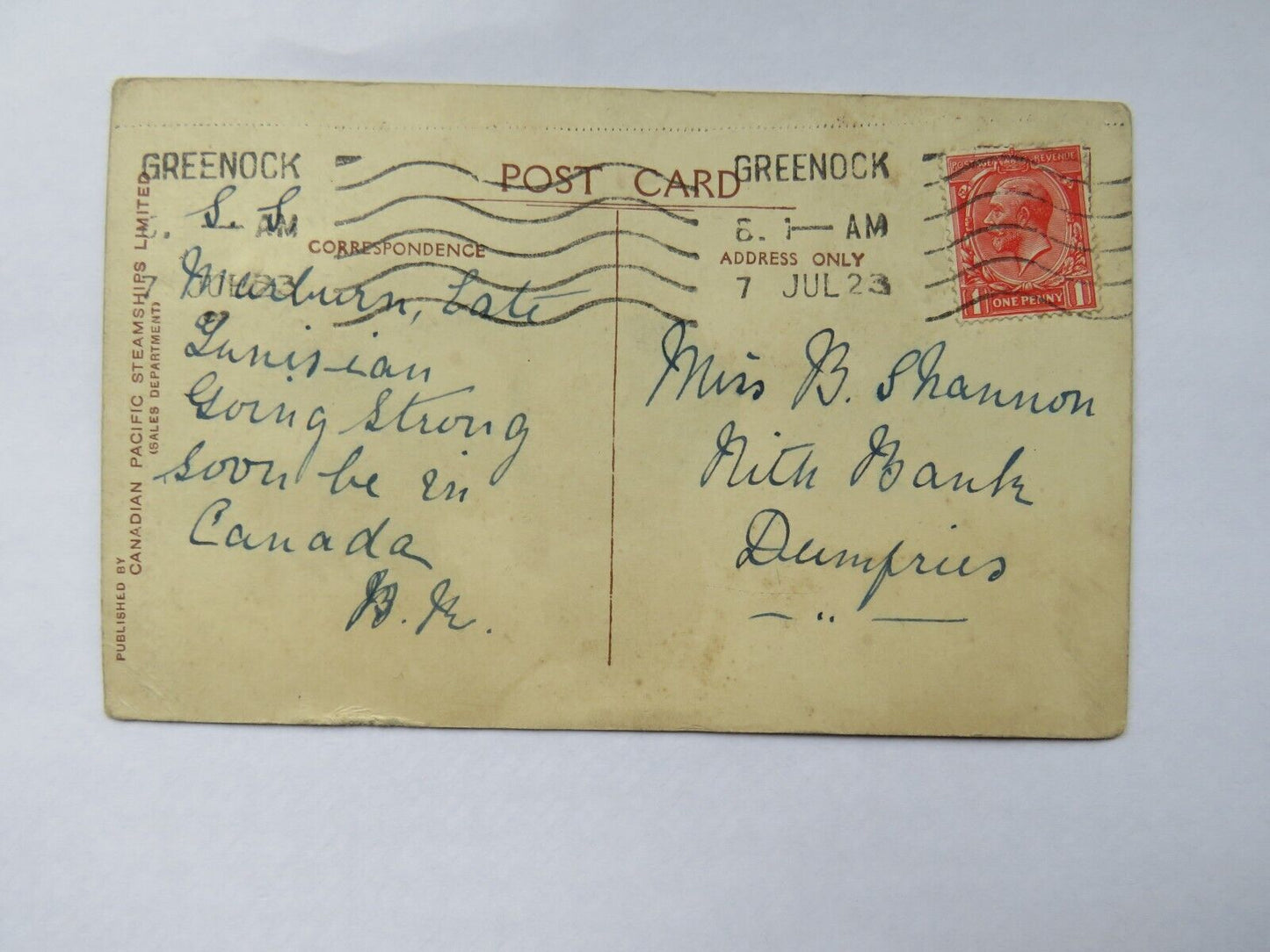 Old Postcard of Canadian Pacific S.S Tunisian - 1923 Greenock Postmark