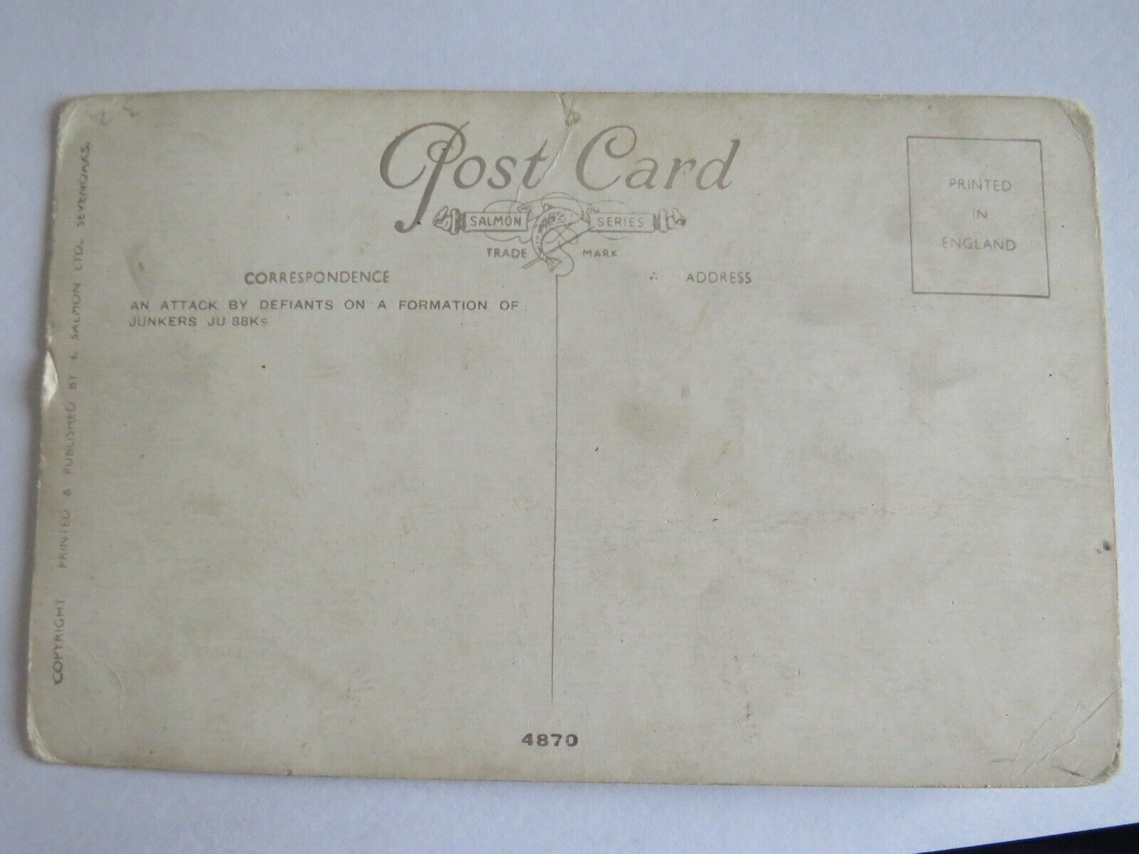 Old Postcard of Defiants and Junkers 88Ks - Ref  : 1019