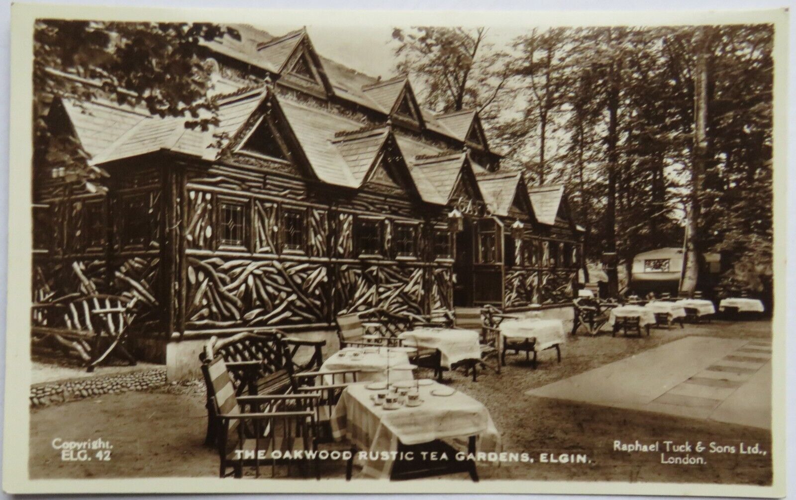 Old Postcard of The Oakwood Rustic Tea Gardens, Elgin