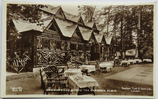 Old Postcard of The Oakwood Rustic Tea Gardens, Elgin