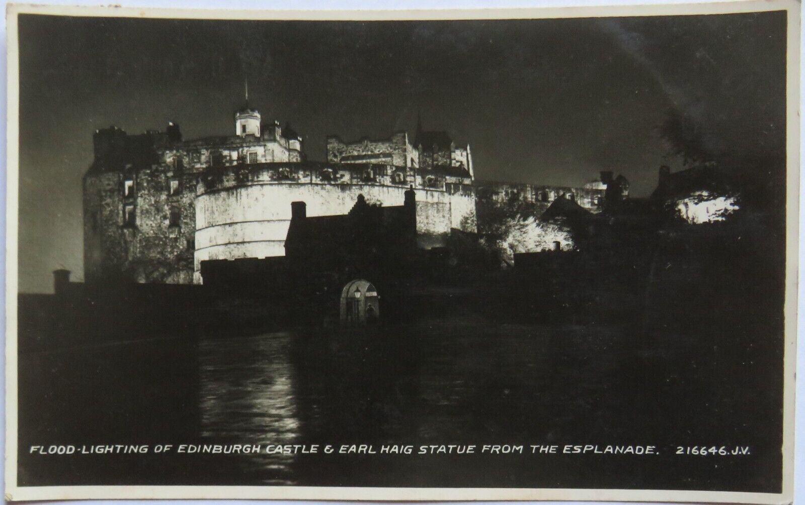 Old Postcard of Flood Lighting of Edinburgh Castle & Earl Haig Statue