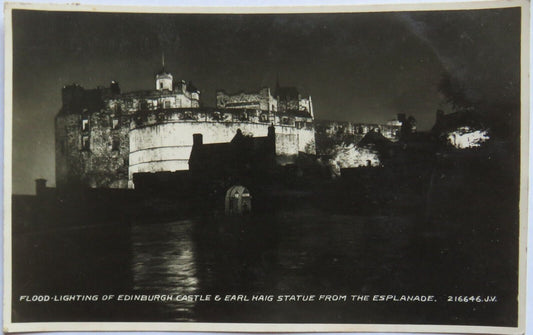 Old Postcard of Flood Lighting of Edinburgh Castle & Earl Haig Statue