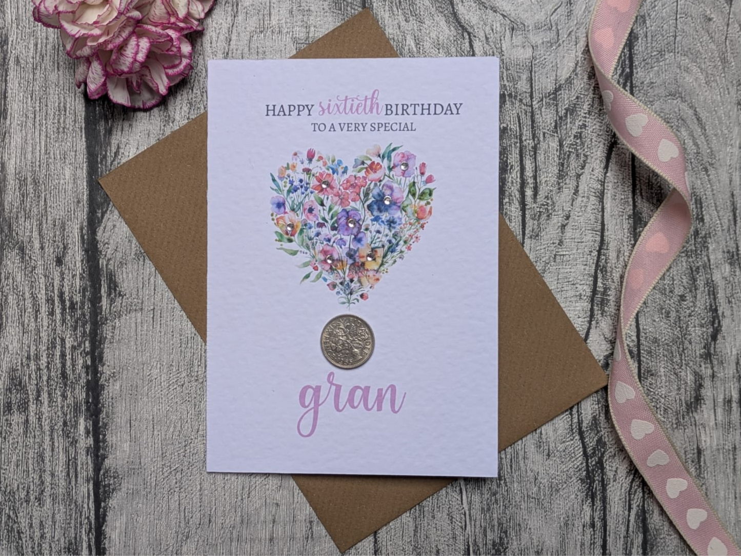 Floral Heart Birth Year Coin, Milestone Birthday Card (60th, 70th, 80th, 90th, 100th)