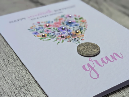 Floral Heart Birth Year Coin, Milestone Birthday Card (60th, 70th, 80th, 90th, 100th)