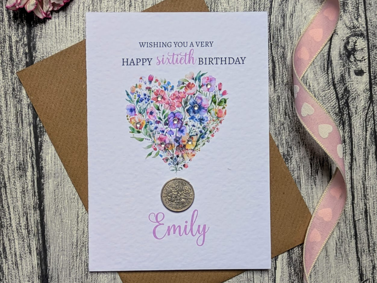 Floral heart 60th birthday card with real 1966 sixpence