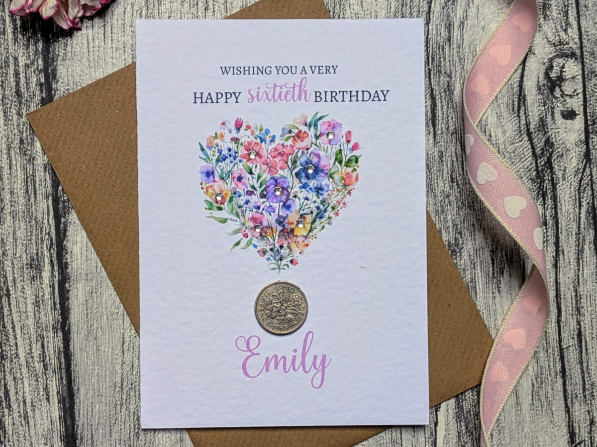 Floral heart 60th birthday card with genuine 1966 sixpence