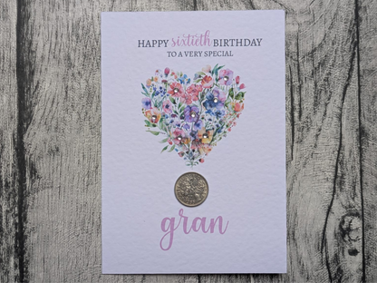 Floral Heart Birth Year Coin, Milestone Birthday Card (60th, 70th, 80th, 90th, 100th)