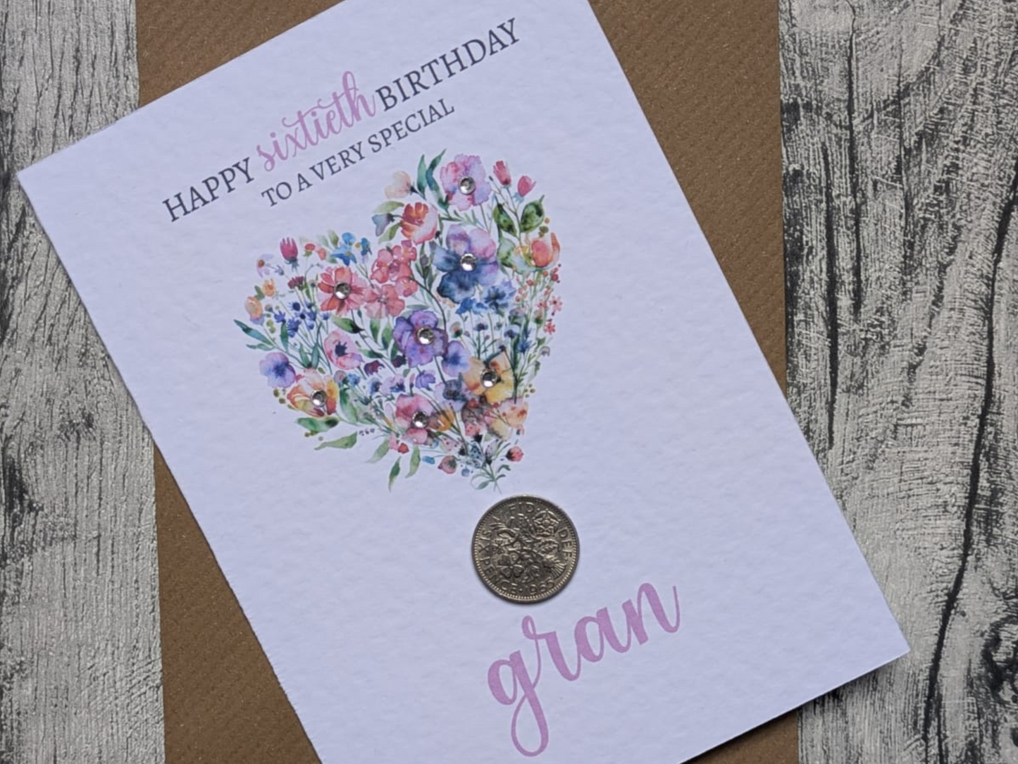 Floral heart 60th birthday card with real 1966 sixpence close up