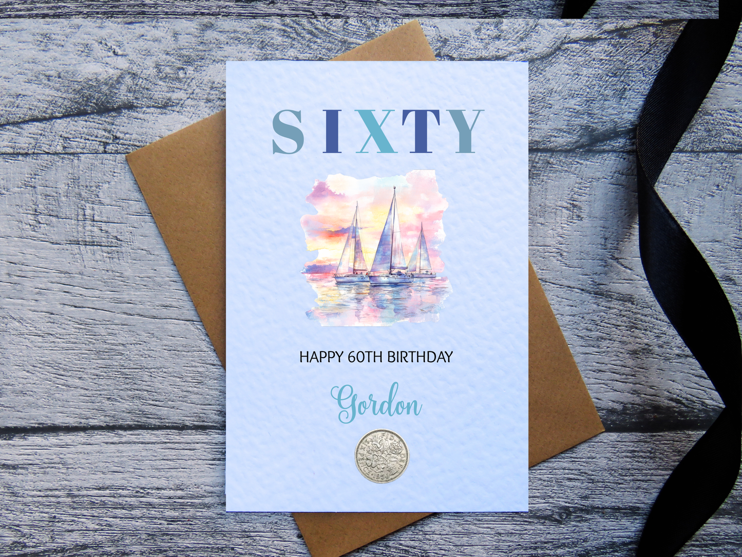 Sailing themed 60th birthday card with real 1966 sixpence, personalised with a name 