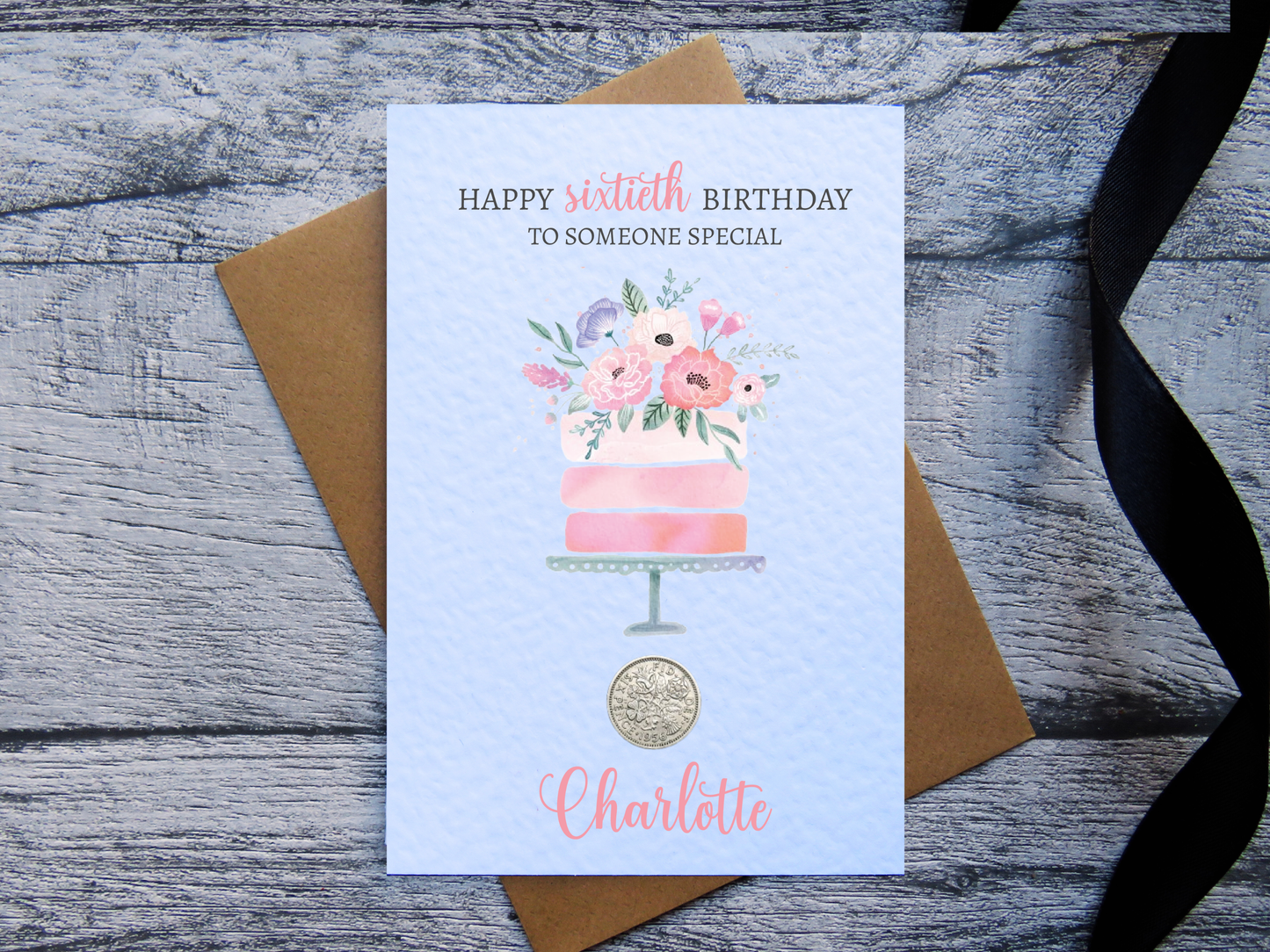 Cake 60th Birthday Card with Genuine 1966 sixpence coin and kraft brown envelope
