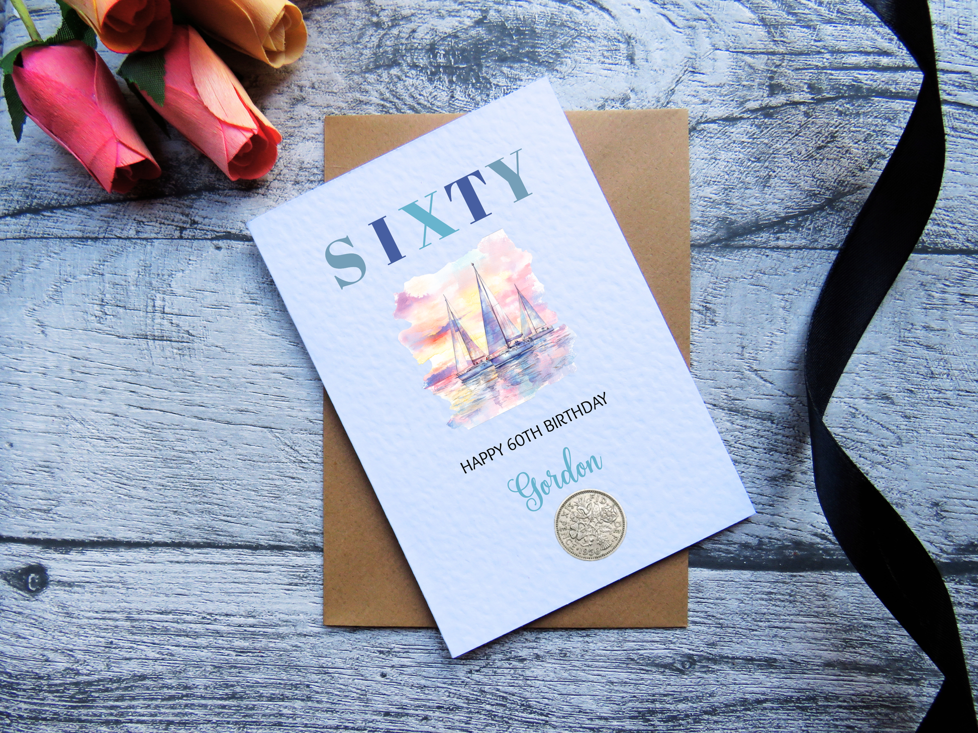 Sailing themed 60th birthday card with real 1966 sixpence, personalised with a name