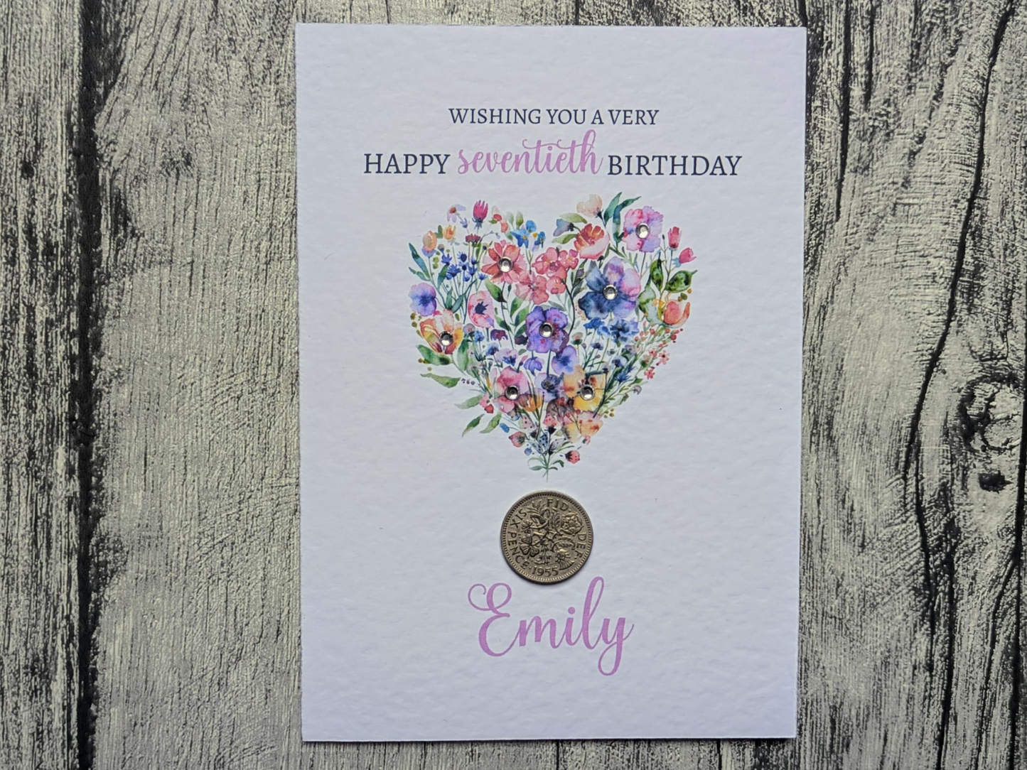 Floral Heart 70th Birthday Card with Real Sixpence (Birth Year Coin)