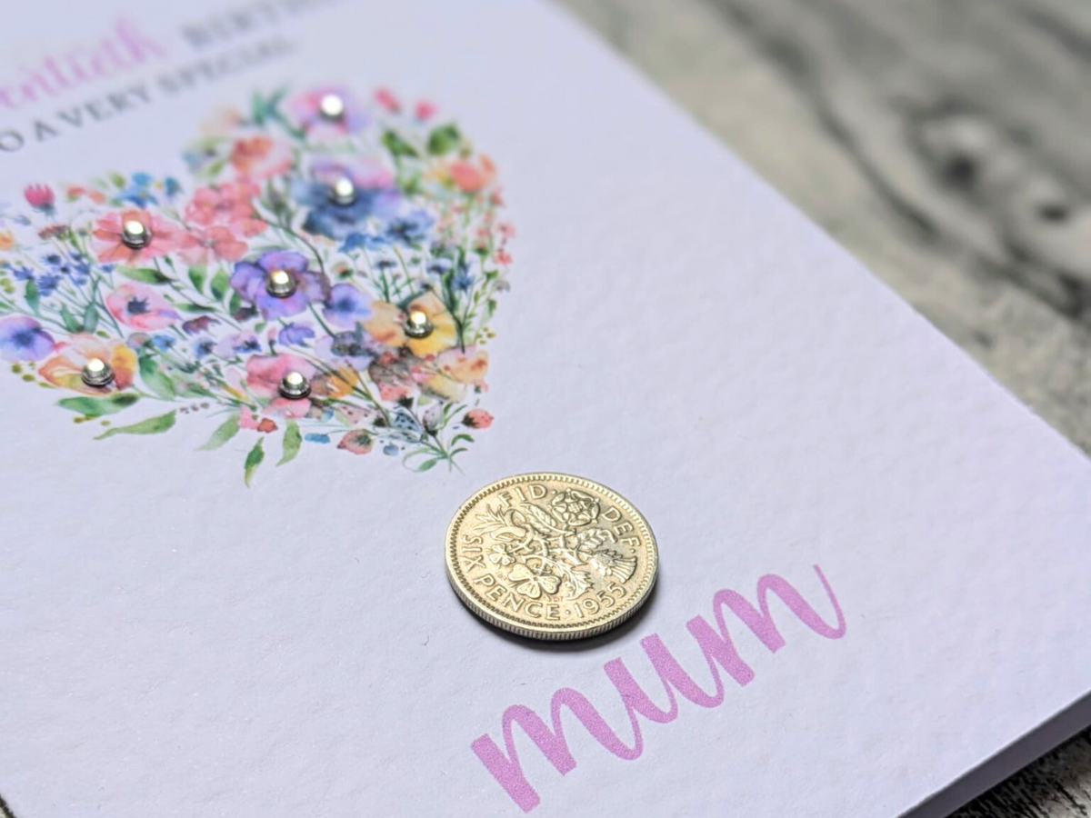 Floral heart 70th birthday card with genuine 1956 sixpence close up of coin