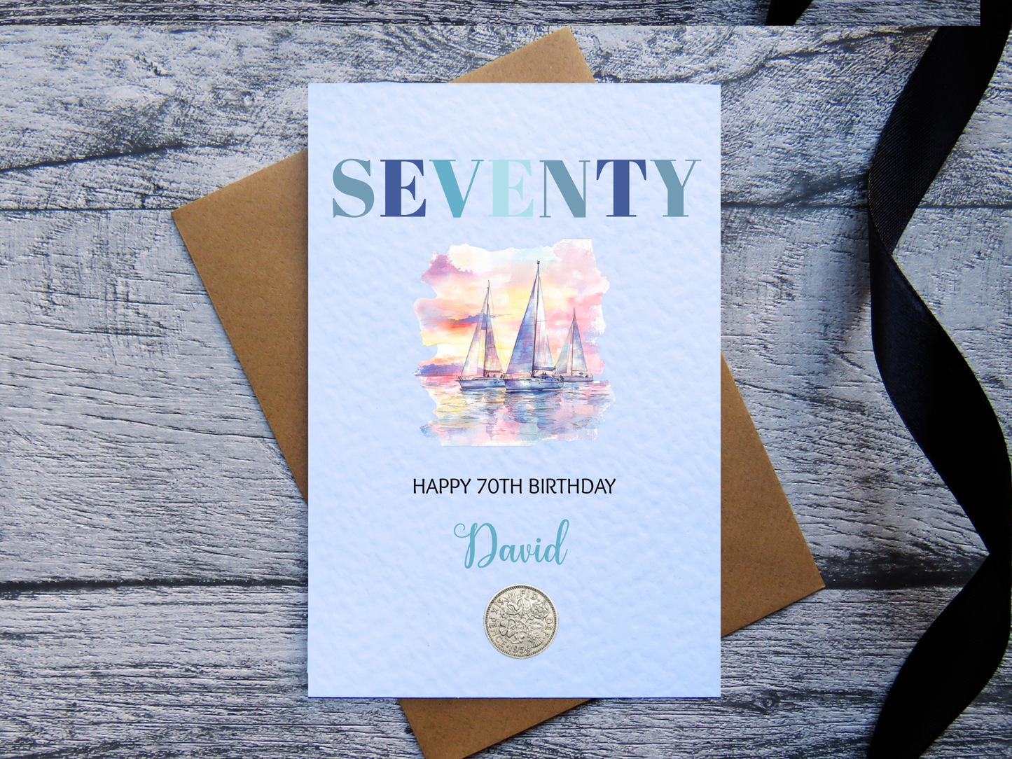 Sailing themed 60th birthday card with real 1966 sixpence, personalised 