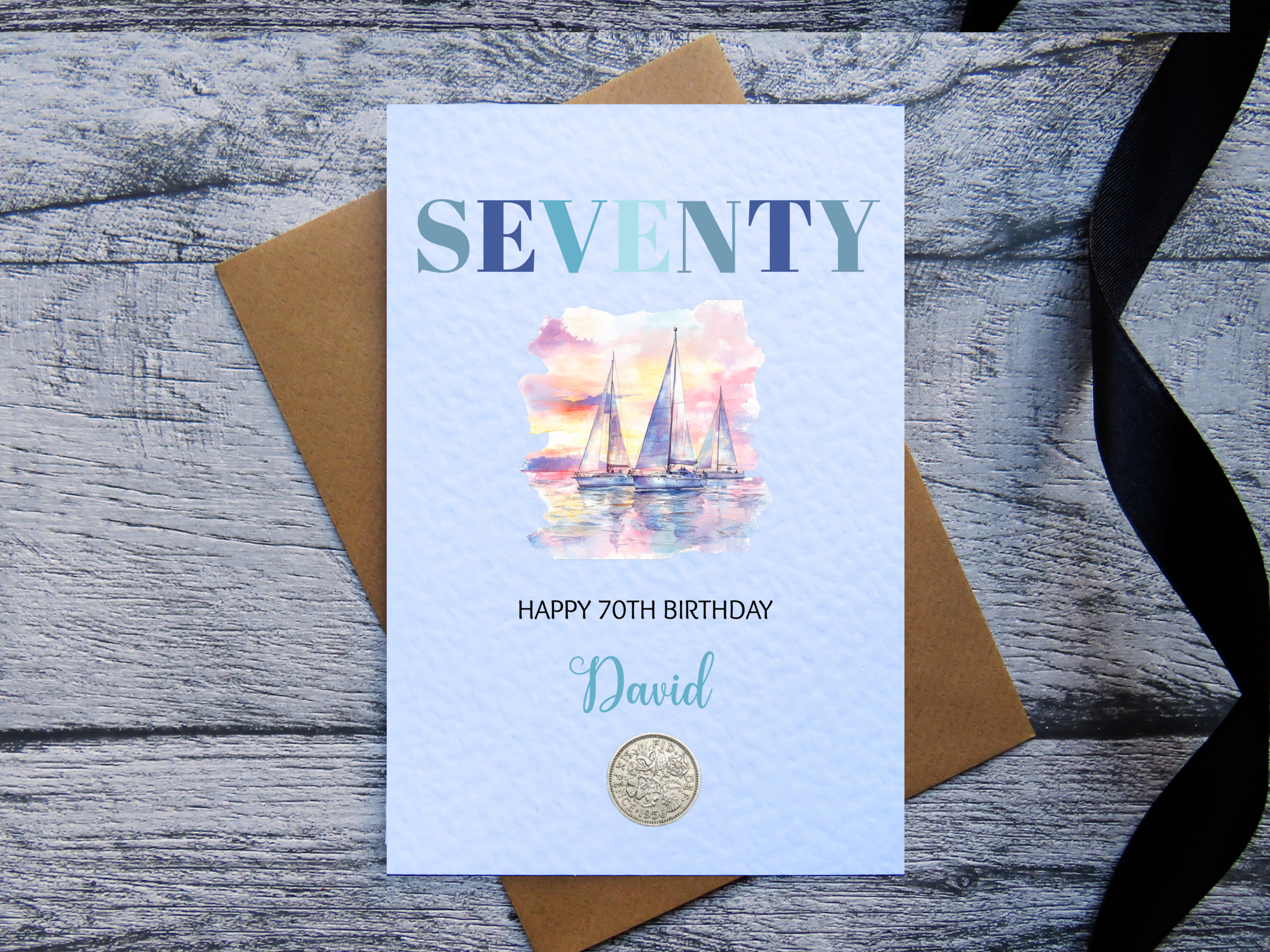 Sailing themed 60th birthday card with real 1966 sixpence, personalised 