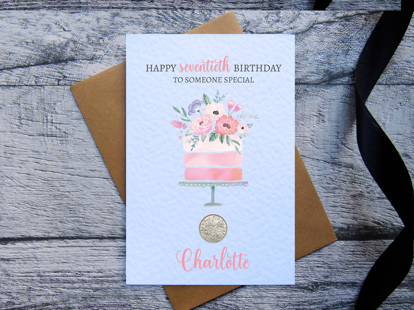 Cake 70th Birthday Card with Genuine 1956 sixpence coin and kraft brown envelope