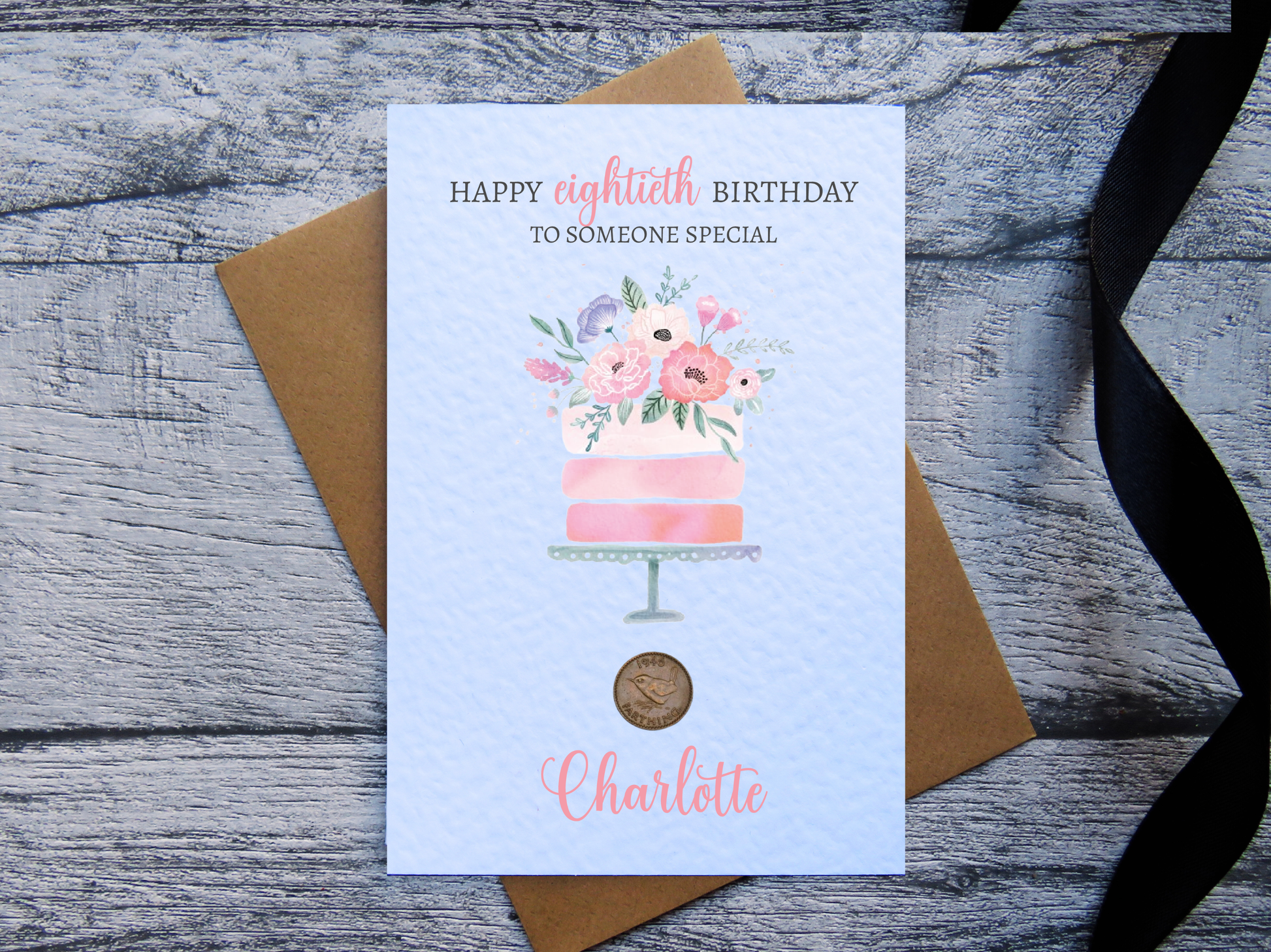 Cake 80th Birthday Card with Genuine 1946 farthing coin
