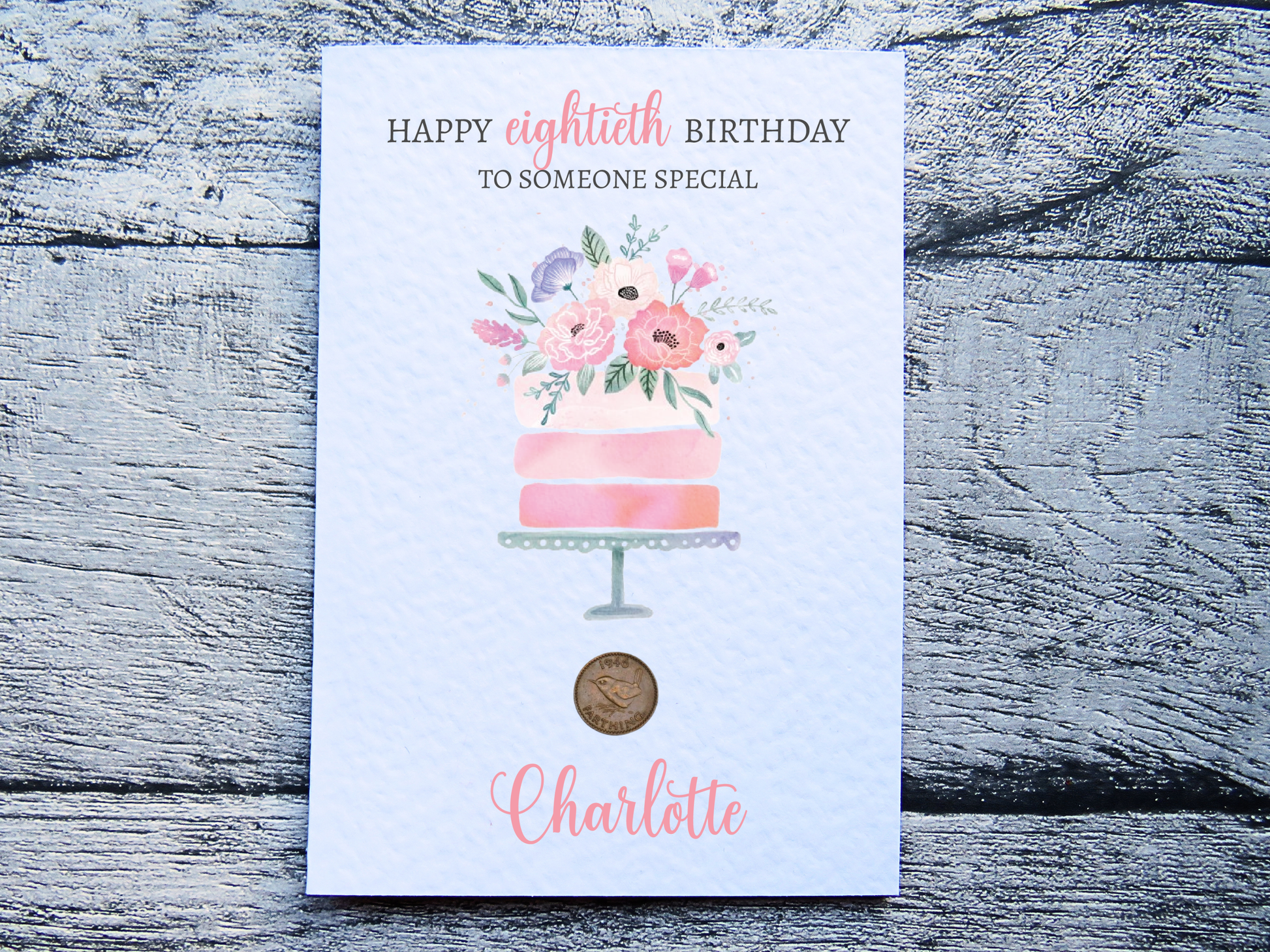 Cake 80th Birthday Card with Genuine 1946 farthing coin and kraft brown envelope