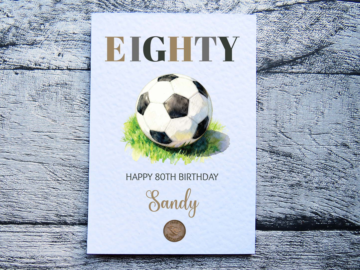 Football 80th Birthday Card with Real 1946 farthing coin