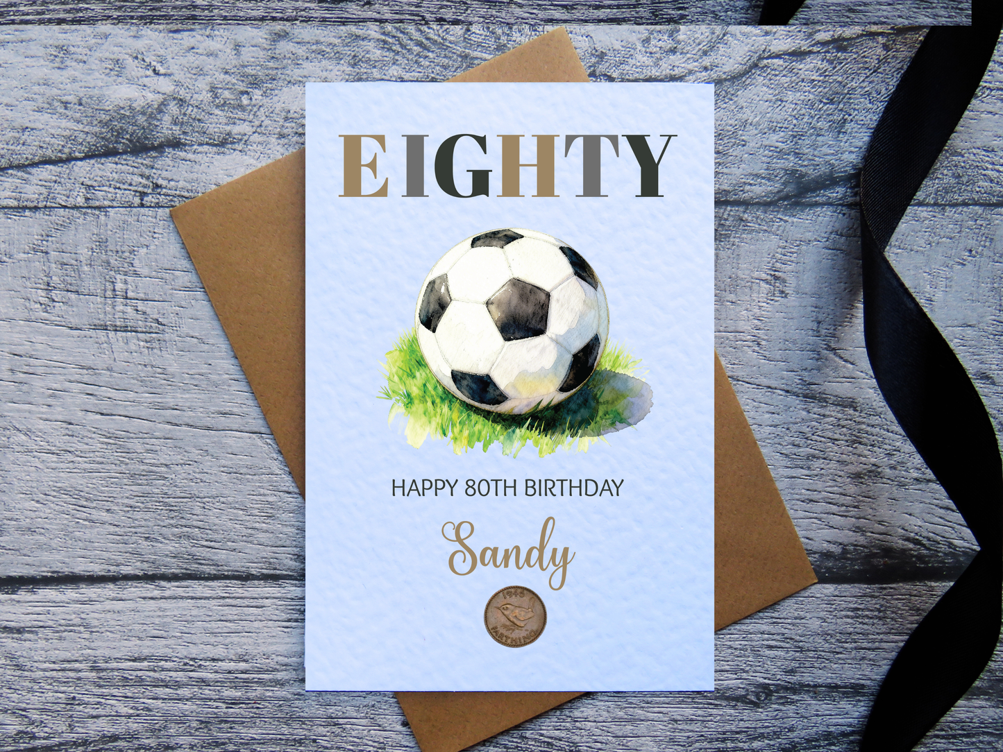 Football 80th Birthday Card with Real 1946 farthing coin and kraft brown envelope