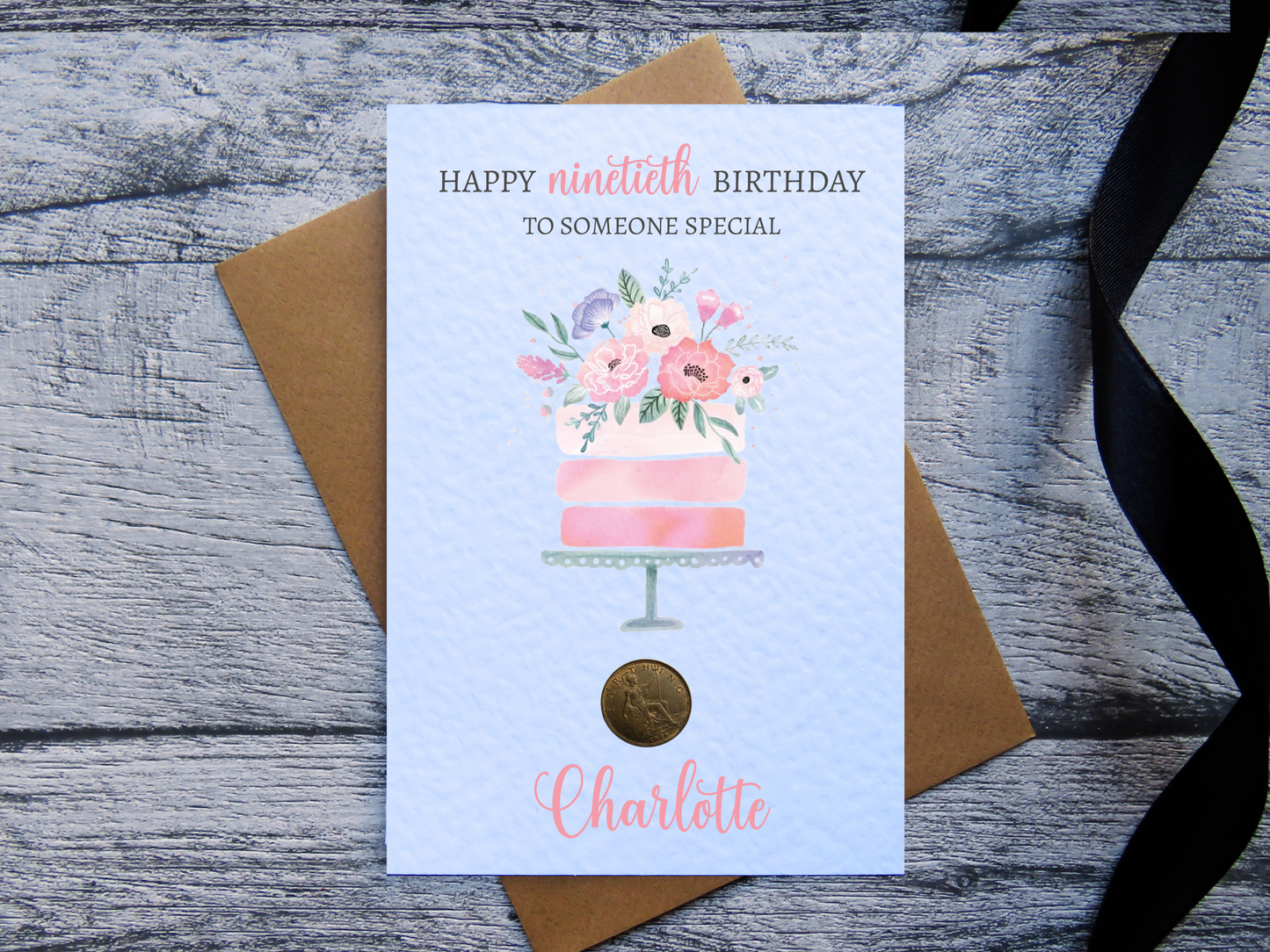 Cake 90th Birthday Card with Genuine 1936 farthing coin