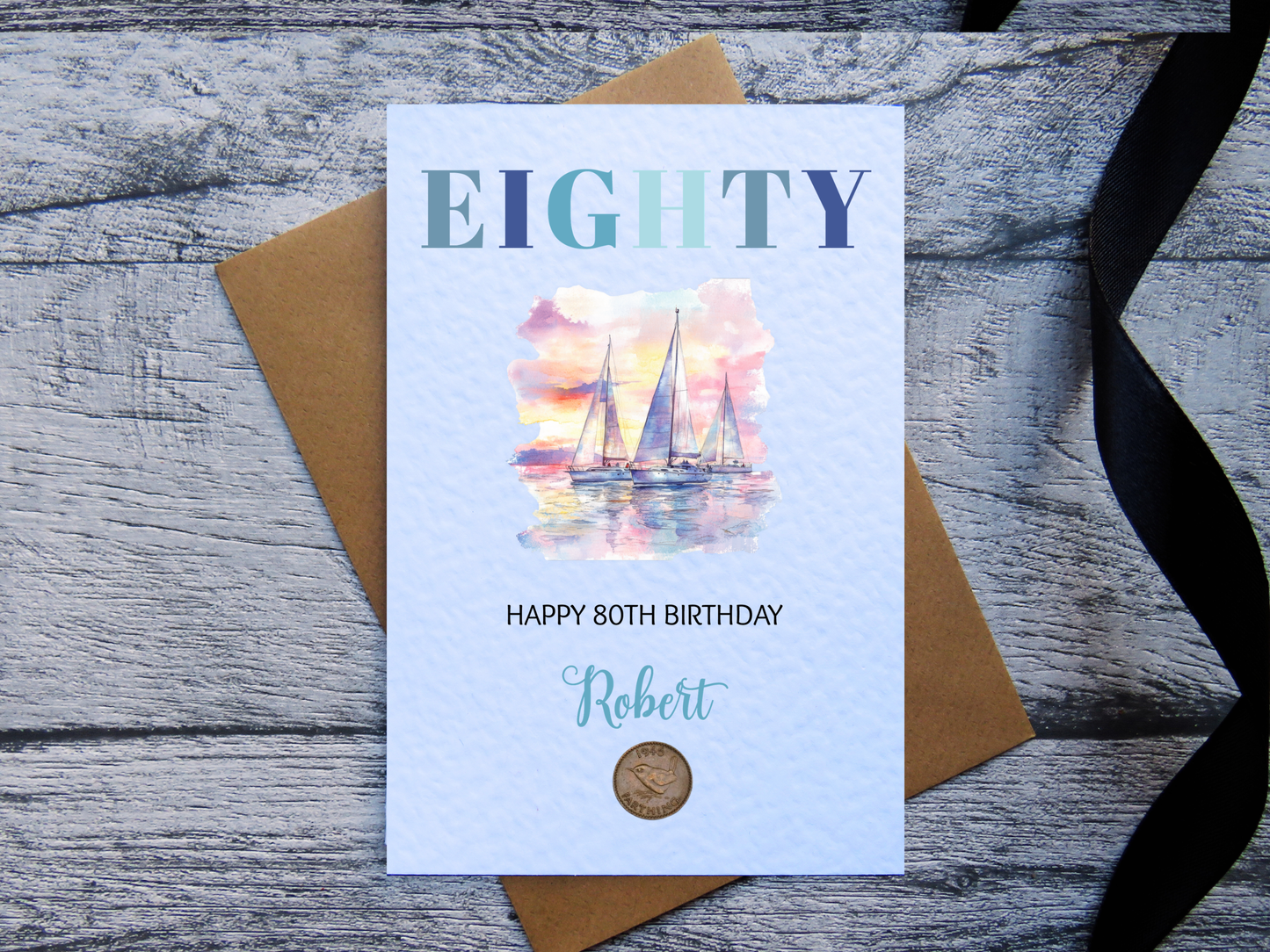 Sailing 80th Birthday Card with Real 1946 farthing coin and kraft brown envelope