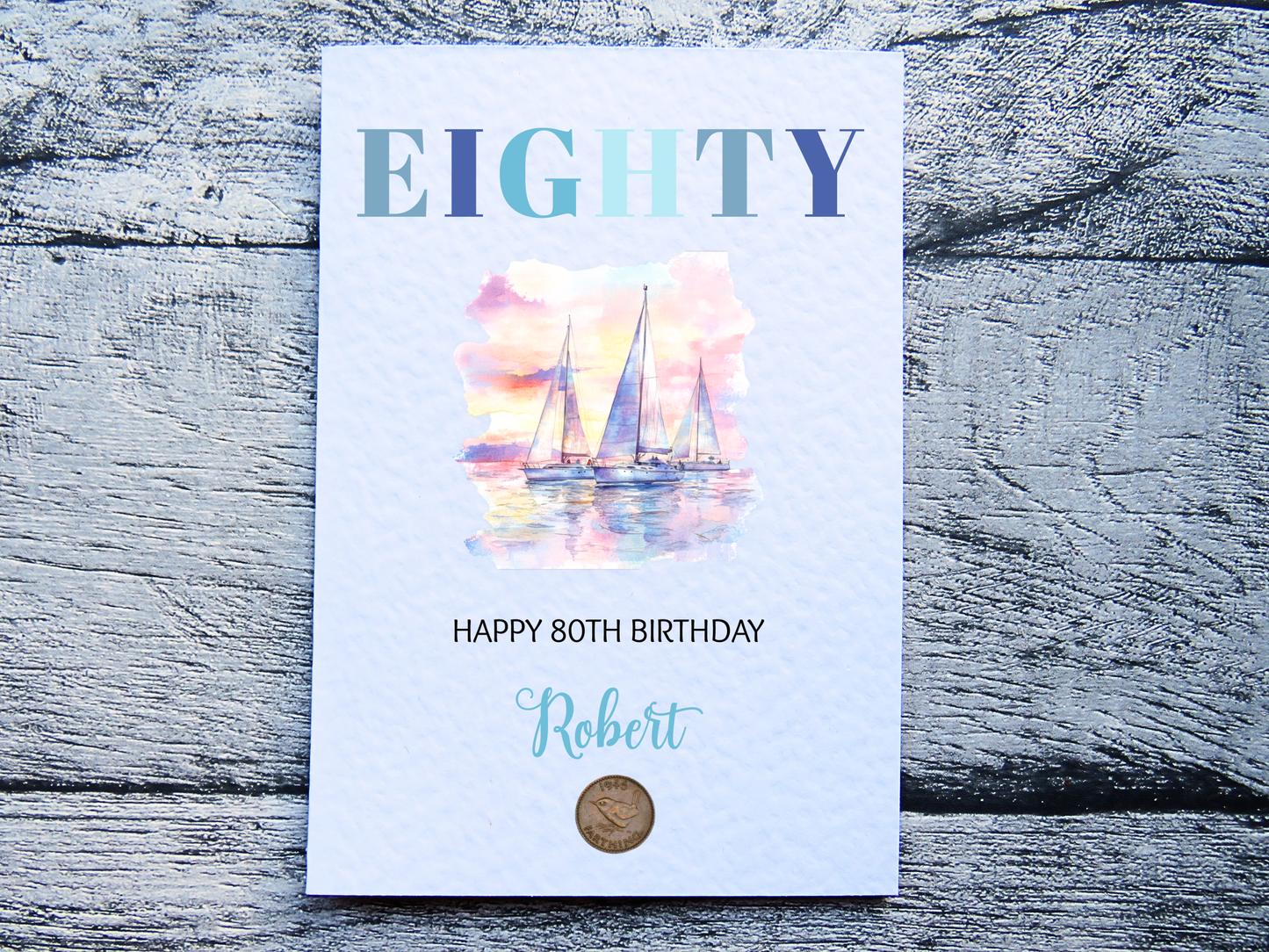 Sailing 80th Birthday Card with Real 1946 farthing coin