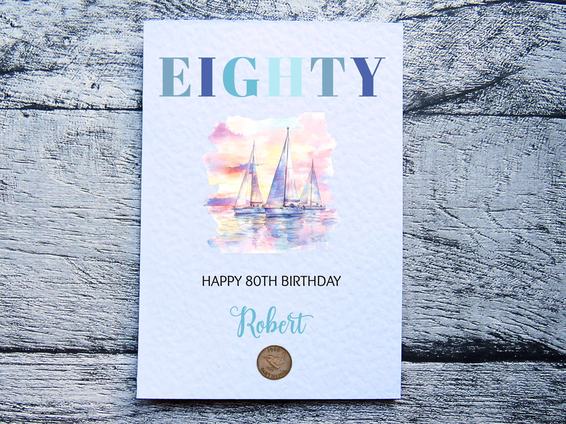 Sailing 80th Birthday Card with Real 1946 farthing coin