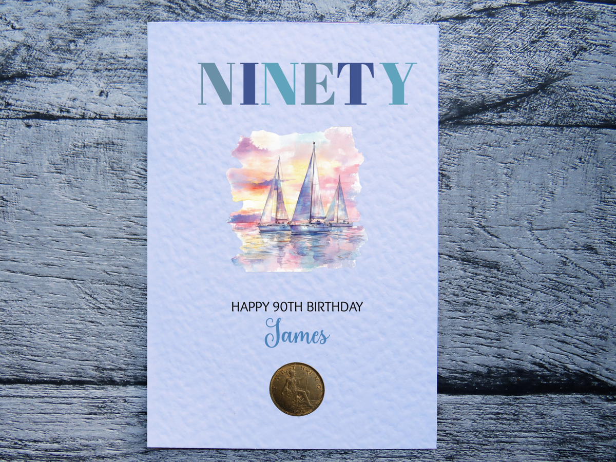 90th birthday card for him with genuine 1936 farthing coin on wooden surface