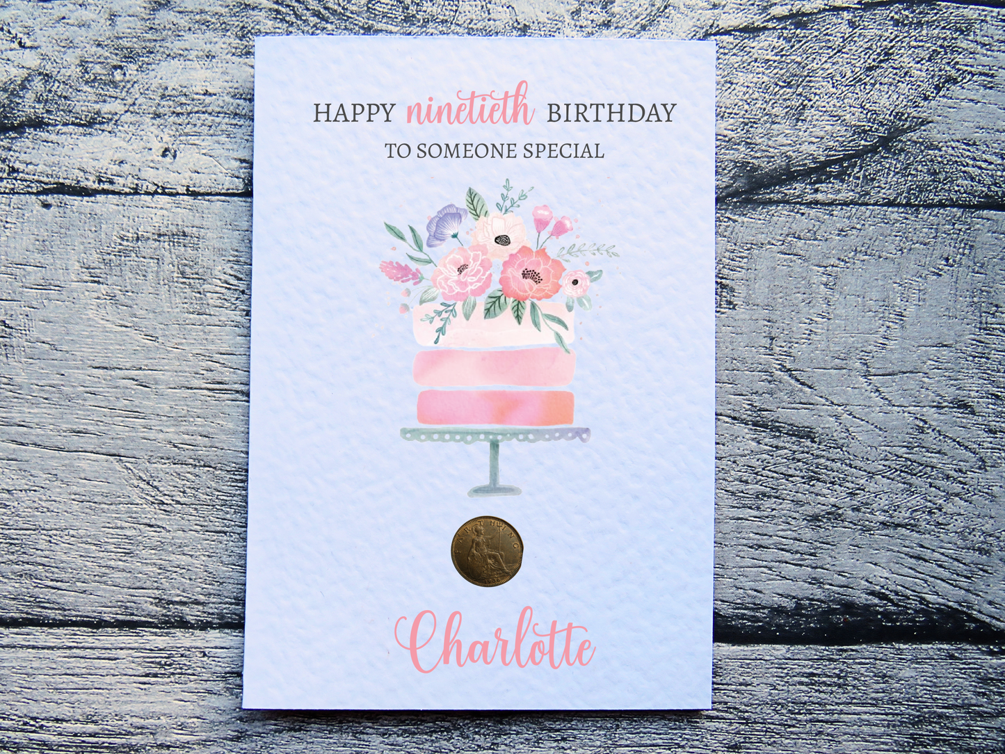 Cake 90th Birthday Card with Genuine 1936 farthing coin and kraft brown envelope