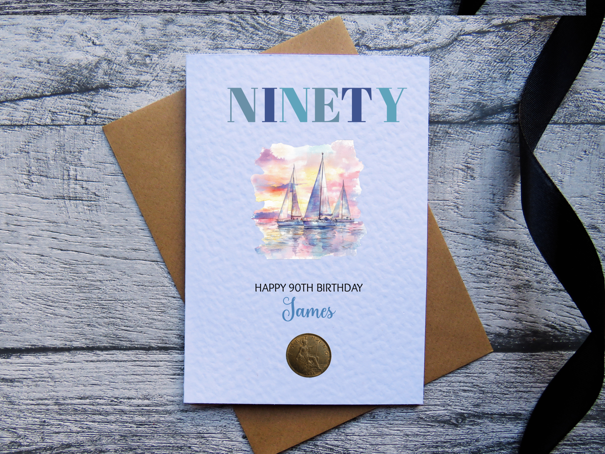 90th birthday card for him with genuine 1936 farthing coin with black ribbon