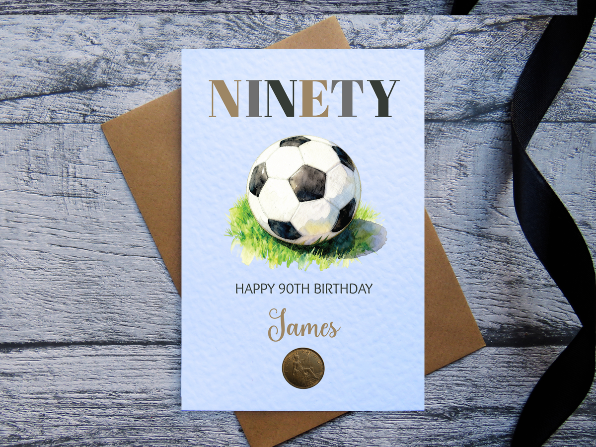 Football 90th Birthday Card with Genuine 1936 farthing coin and kraft brown envelope
