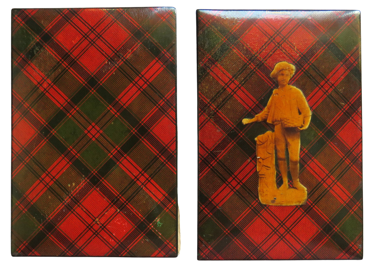Two antique Mauchline Tartan Ware book boards with one depicting a golden figure on a red and black checkered background
