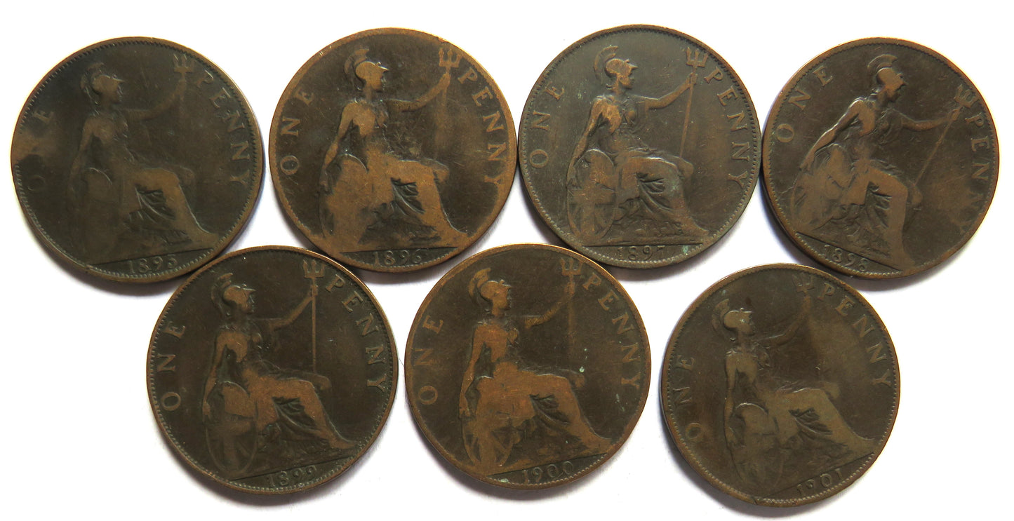 Complete Date Run of Queen Victoria Veil Head Penny Coins, 1895–1901 - Seven Coin Set