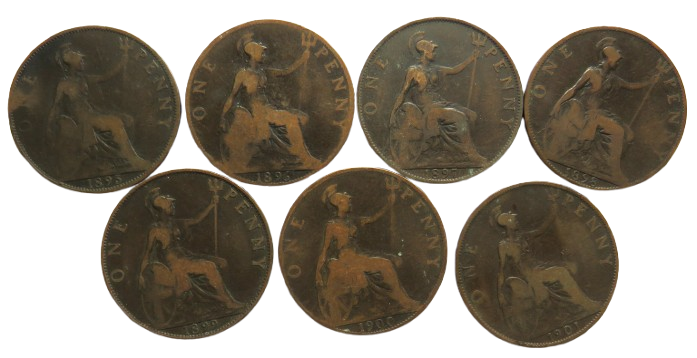 Complete Date Run of Queen Victoria Veil Head Penny Coins, 1895–1901 - Seven Coin Set