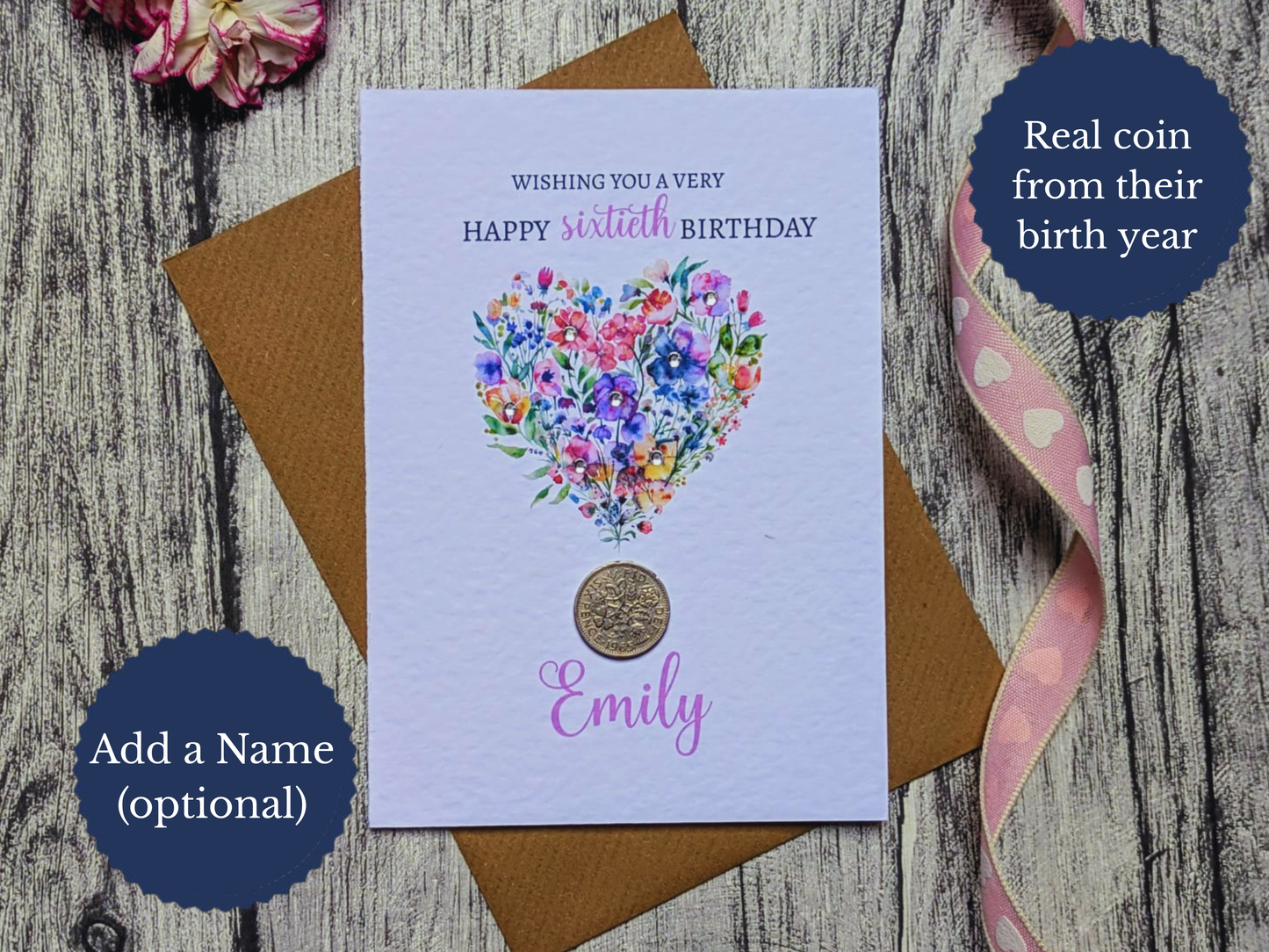 Greeting Card with Floral Heart Design and Real Coin Attached from Birth Year