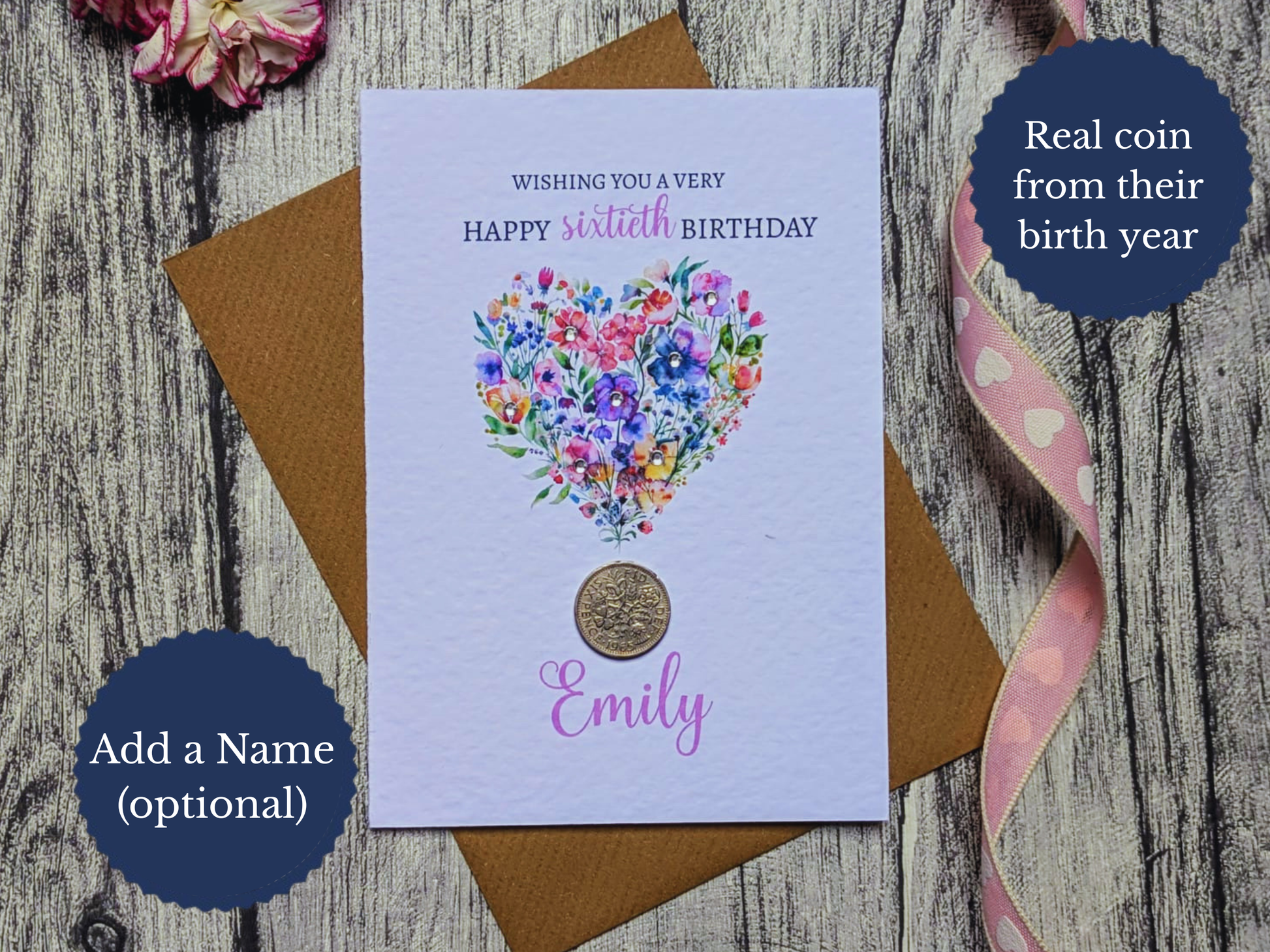 Greeting Card with Floral Heart Design and Real Coin Attached from Birth Year