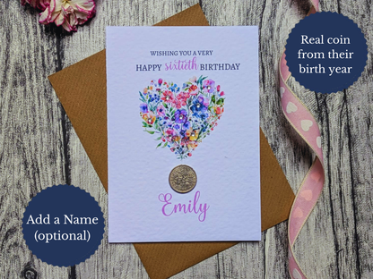 Greeting Card with Floral Heart Design and Real Coin Attached from Birth Year