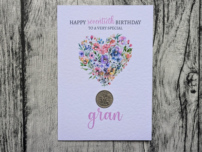 Floral Heart Birth Year Coin, Milestone Birthday Card (60th, 70th, 80th, 90th, 100th)