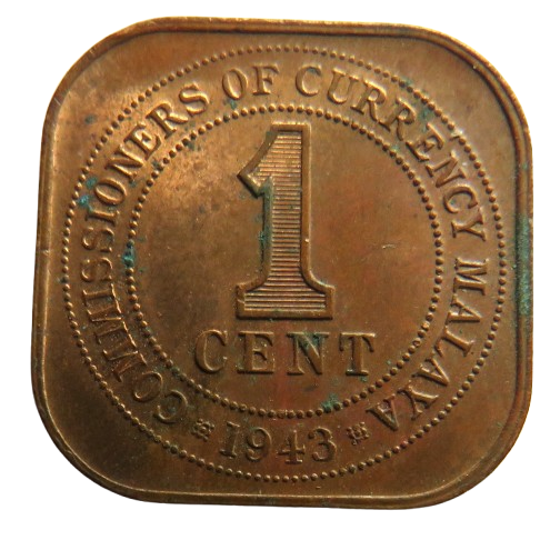 1943 Commissioners of Currency Malaya One Cent Coin