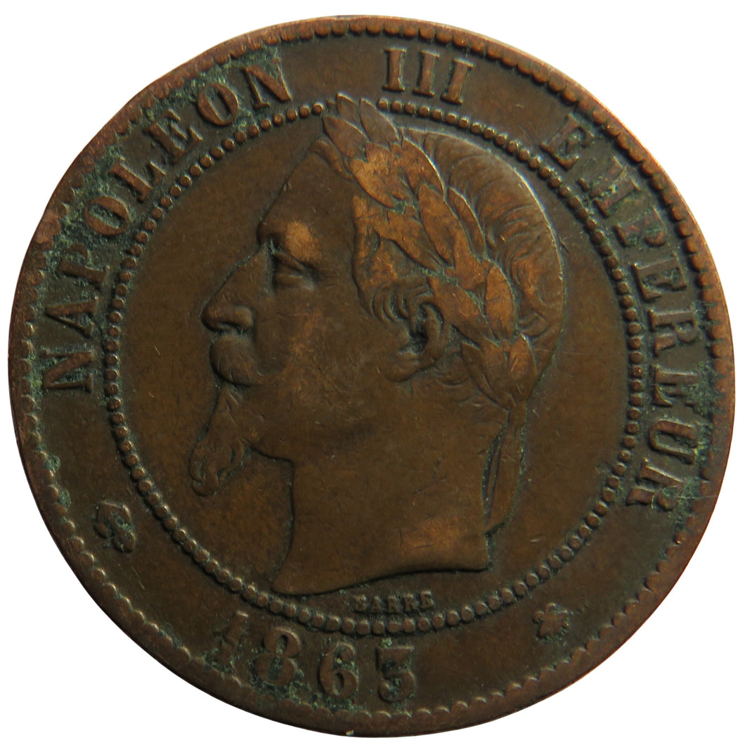 1863-A France Napoleon III 10 Centimes Coin