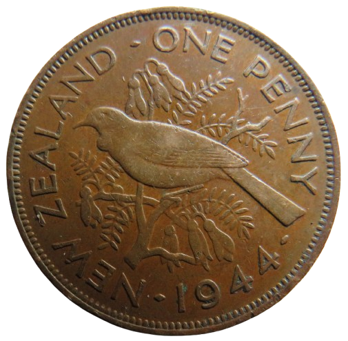 1944 King George VI New Zealand One Penny Coin