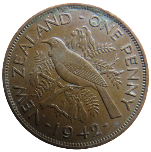 1942 King George VI New Zealand One Penny Coin