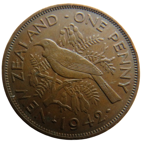 1942 King George VI New Zealand One Penny Coin