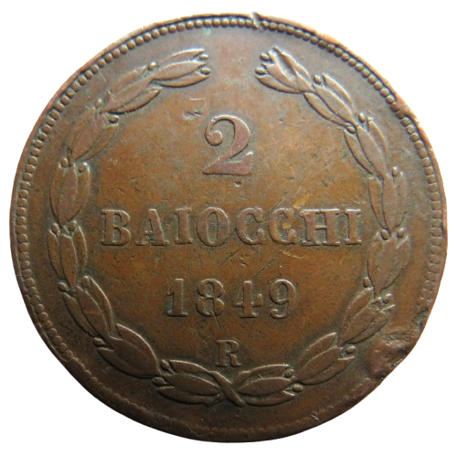 1849 Italian Papal States 2 Baiocchi Coin