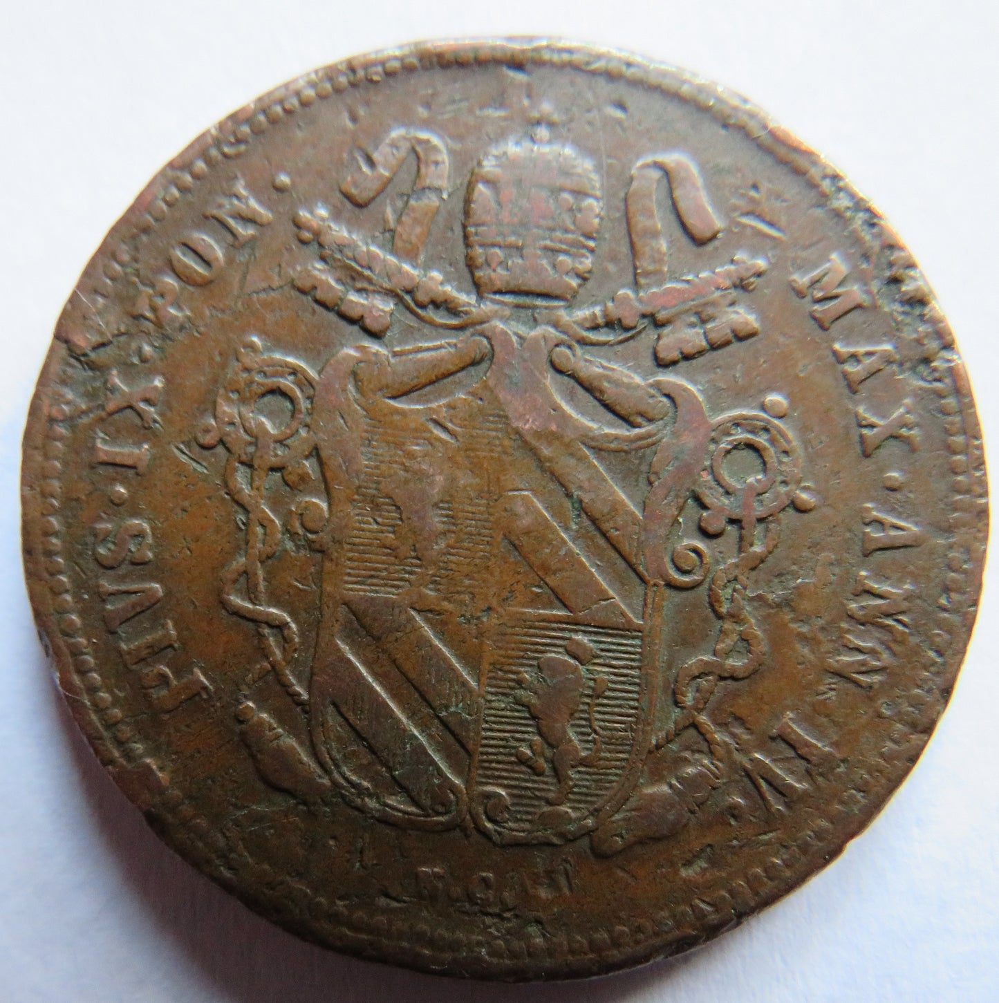1849 Italian Papal States 2 Baiocchi Coin