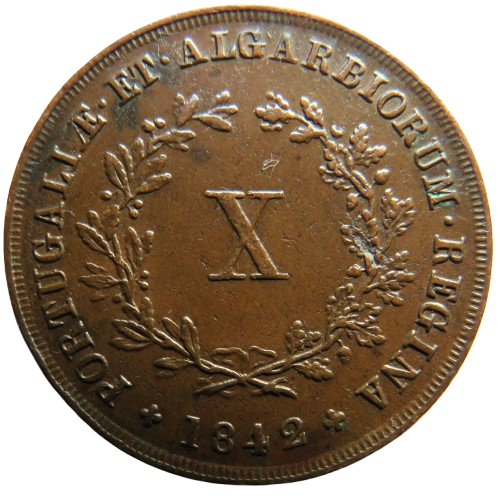 1842 Portugal 10 Reis Coin