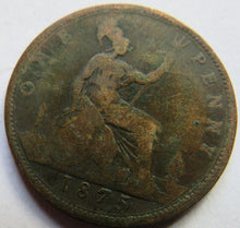 Load image into Gallery viewer, 1875 Queen Victoria Bun Head One Penny Coin Great Britain
