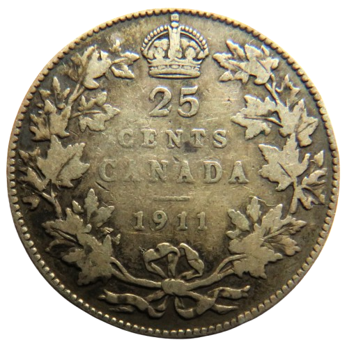 1911 King George V Canada Silver 25 Cent Coin