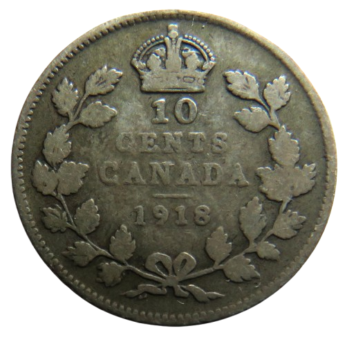1918 King George V Canada Silver 10 Cents Coin